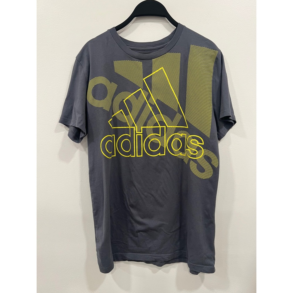 Adidas T Shirt Boys L 14/16 Gray Neon Yellow Graphic Logo Cotton Crew Neck